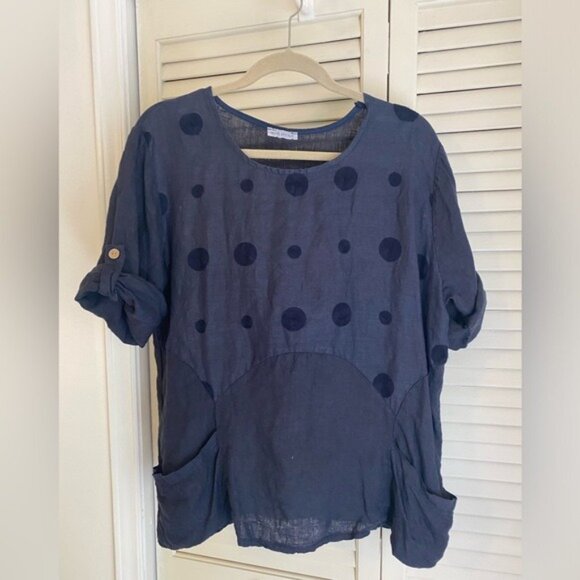 100% Linen Navy Blue Polka Dot Blouse With Pockets & Roll-Up 3/4 Sleeves Size L - Picture 1 of 6